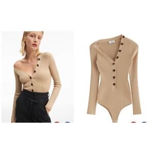 A.W.A.K.E Mode & Other Stories Asymmetric Shoulder Bodysuit Ribbed Cream sz S